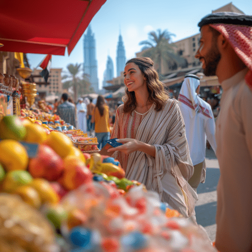 A woman in a light, striped dress with a broad smile is holding a travel money card, making a purchase at an outdoor market stall displaying a vibrant array of fruits and sweets. She's interacting with a vendor wearing a keffiyeh, and there are other shoppers and stalls in the background. The skyline featuring the Burj Khalifa suggests that this scene is in Dubai. The weather appears to be sunny and warm, indicative of Dubai's climate.