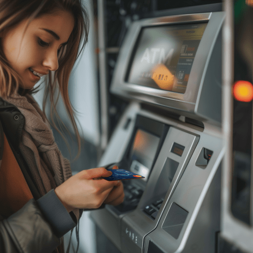 A woman, viewed from the side, is inserting a travel money card into an ATM machine. She's focused on her task, with a slight smile, which could indicate a positive interaction. The ATM screen is illuminated, and the surrounding environment is indoors with technical equipment, suggesting a secure location for banking transactions. She's wearing a coat, indicating it might be in a place with cooler weather or during a colder season.