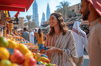 A woman in a light, striped dress with a broad smile is holding a travel money card, making a purchase at an outdoor market stall displaying a vibrant array of fruits and sweets. She's interacting with a vendor wearing a keffiyeh, and there are other shoppers and stalls in the background. The skyline featuring the Burj Khalifa suggests that this scene is in Dubai. The weather appears to be sunny and warm, indicative of Dubai's climate.