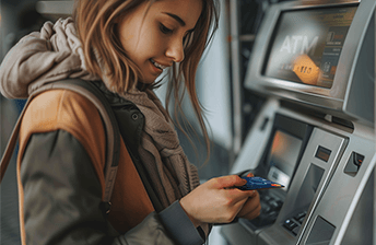 A woman, viewed from the side, is inserting a travel money card into an ATM machine. She's focused on her task, with a slight smile, which could indicate a positive interaction. The ATM screen is illuminated, and the surrounding environment is indoors with technical equipment, suggesting a secure location for banking transactions. She's wearing a coat, indicating it might be in a place with cooler weather or during a colder season.