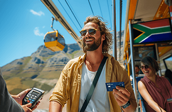 A man in sunglasses and casual summer clothing is smiling and holding out a Travel Money Card to a card reader, which someone else is holding out towards him. They are boarding or alighting from a cable car with other passengers in the background, and a mountainous landscape under a clear blue sky is visible, suggesting a tourist location. There is a South African flag on the cable car.