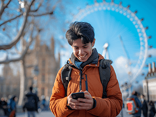 A cheerful young person is standing outdoors, holding and looking at a smartphone with a smile. They're wearing a winter jacket and backpack, suggesting they might be traveling or commuting. The scene is set against a clear blue sky.