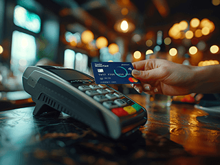 A person's hand holding a Travelex Money Card with a chip over a card payment machine at a dimly lit bar, with blurred lights in the background creating a bokeh effect.