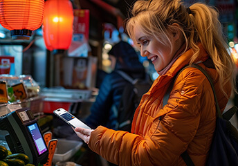 A woman in an orange jacket holding a smartphone while making a payment at a vendor stand. The scene is set in a vibrant, well-lit market with red lanterns hanging overhead.