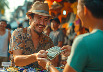 A cheerful man wearing a straw hat and a patterned shirt handing cash to another person at an outdoor market. The market scene is vibrant with people and stalls in the background.