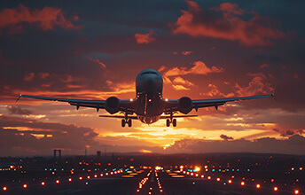 An airplane taking off or landing on a runway at sunset, with vibrant orange and purple hues in the sky and runway lights illuminating the path.