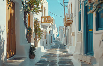 Charming narrow street in Mykonos, Greece, lined with traditional whitewashed houses with blue doors and wooden balconies on a sunny day.