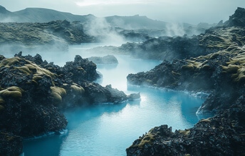 Steaming blue geothermal waters surrounded by rugged volcanic rocks and moss in the Blue Lagoon near Reykjavik, Iceland.